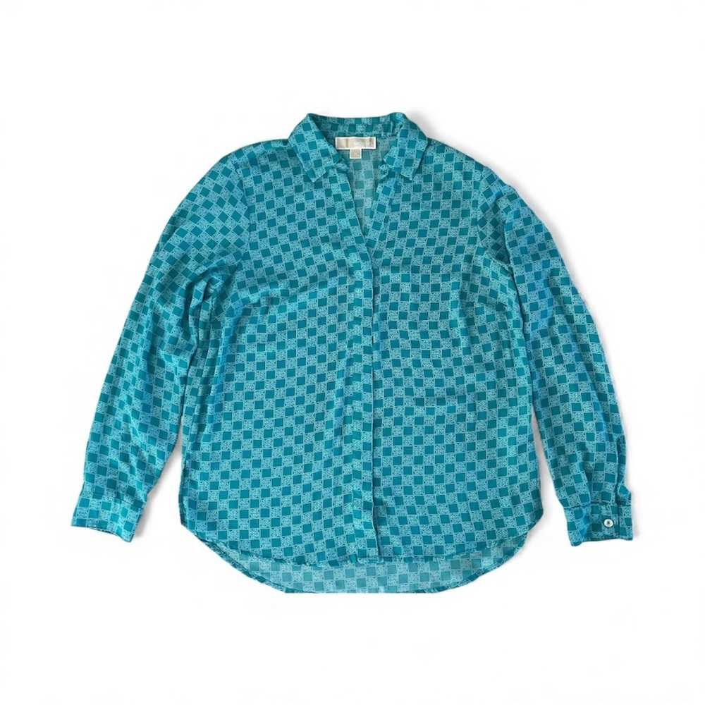 Michael Kors Turquoise Checkered Button Down Shirt SALE